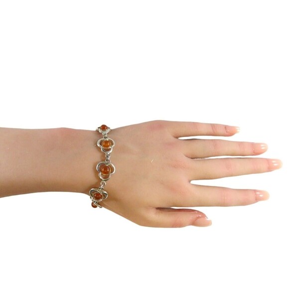 7 3/4" Modernist Sterling Silver Amber Cabochon Bracelet Lobster Clasp - Picture 2 of 12